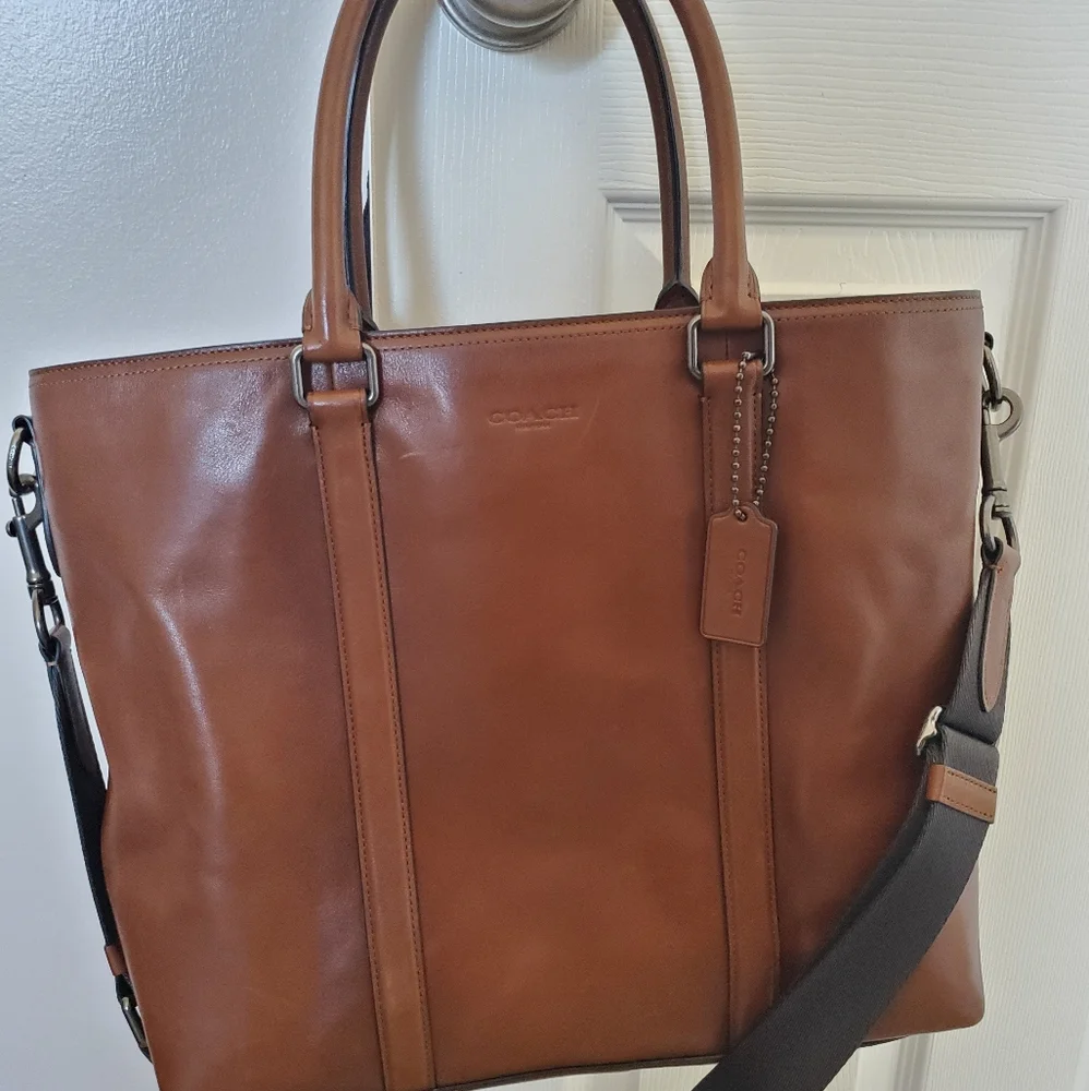 Coach Brown Leather Laptop Tote with Black Strap